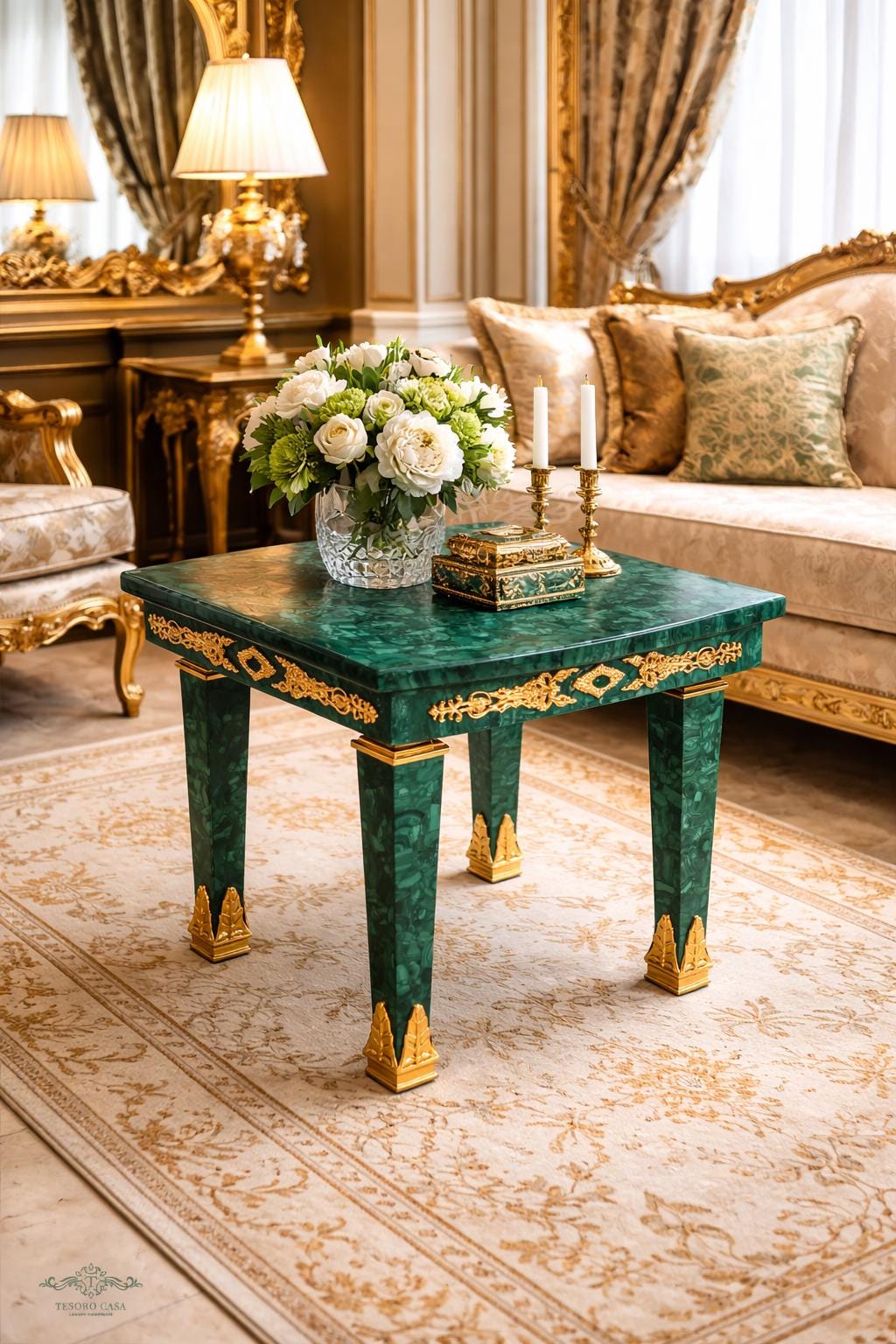 Translation missing: en.Malachite Majlis Side Table with Brass Gold Plating: Malachite Majlis Side Table with Brass Gold Plating