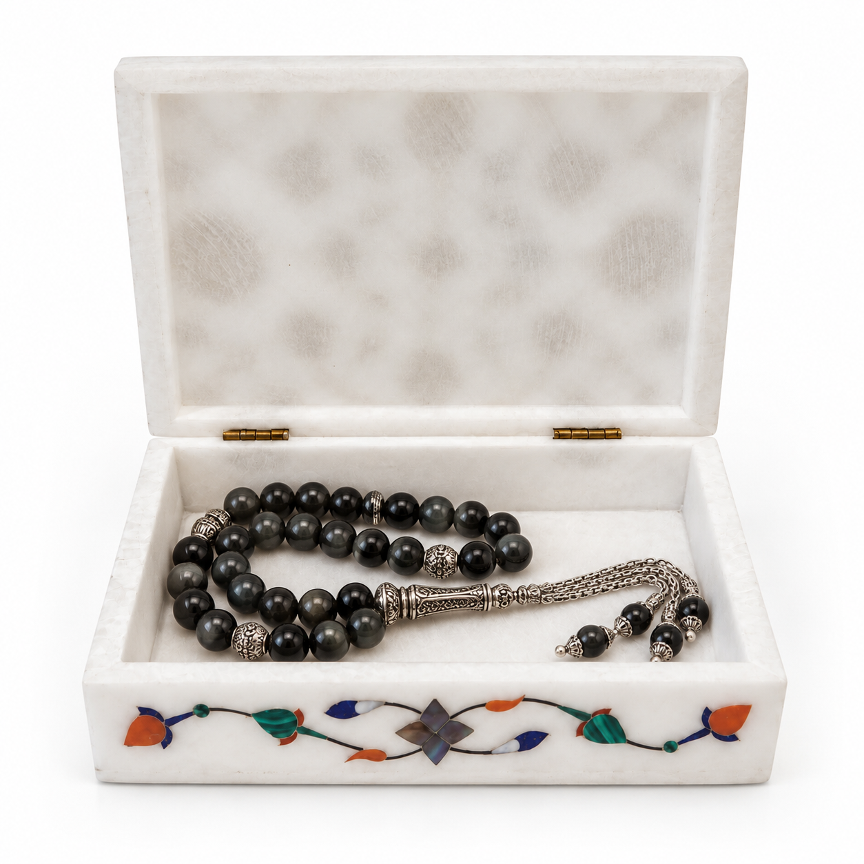 Handcrafted White Marble Pietra Dura Jewellery Box with Floral Inlay