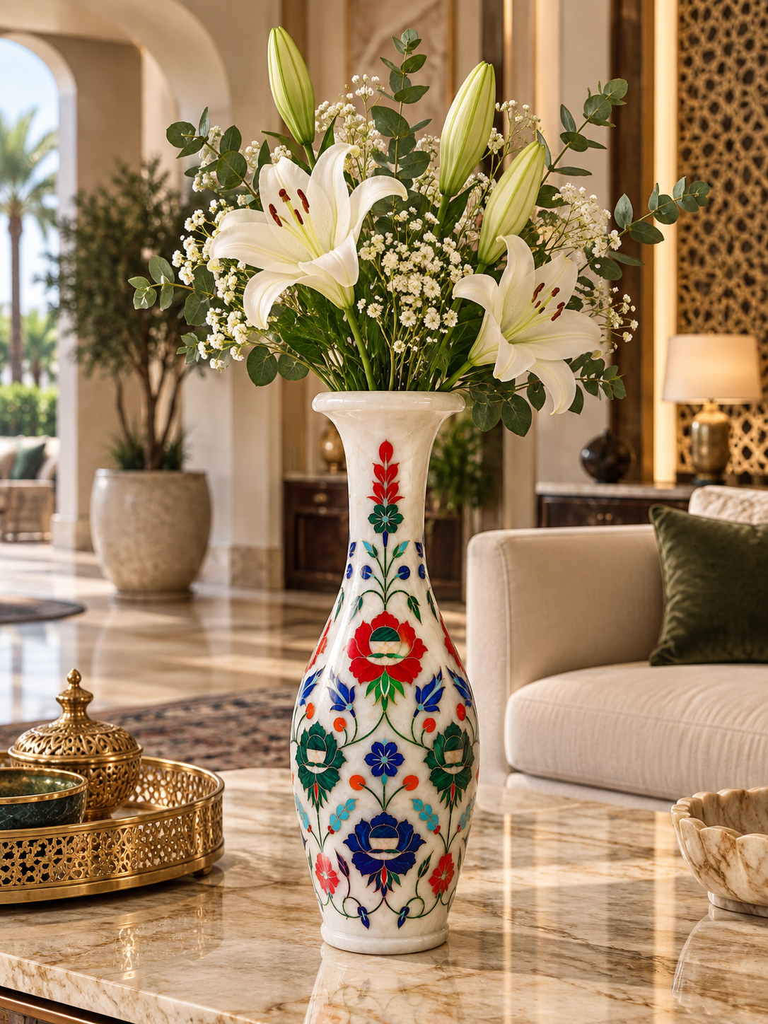 Luxury White Marble Inlay Vase with Multicolor Floral Design