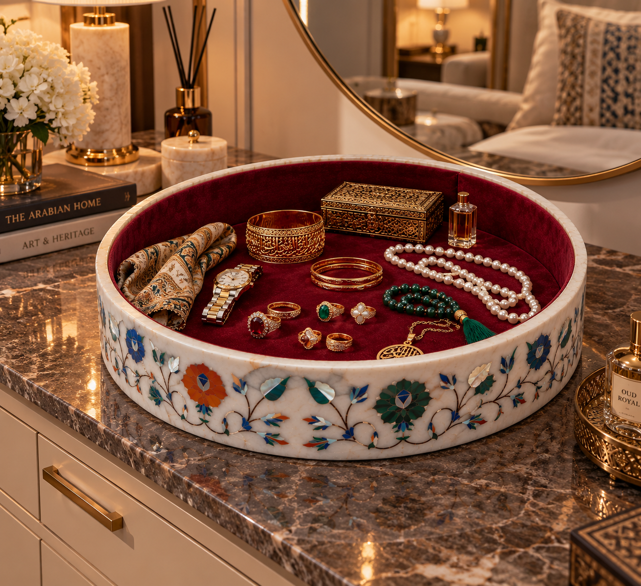 Luxury Round Marble Inlay Jewelry Box