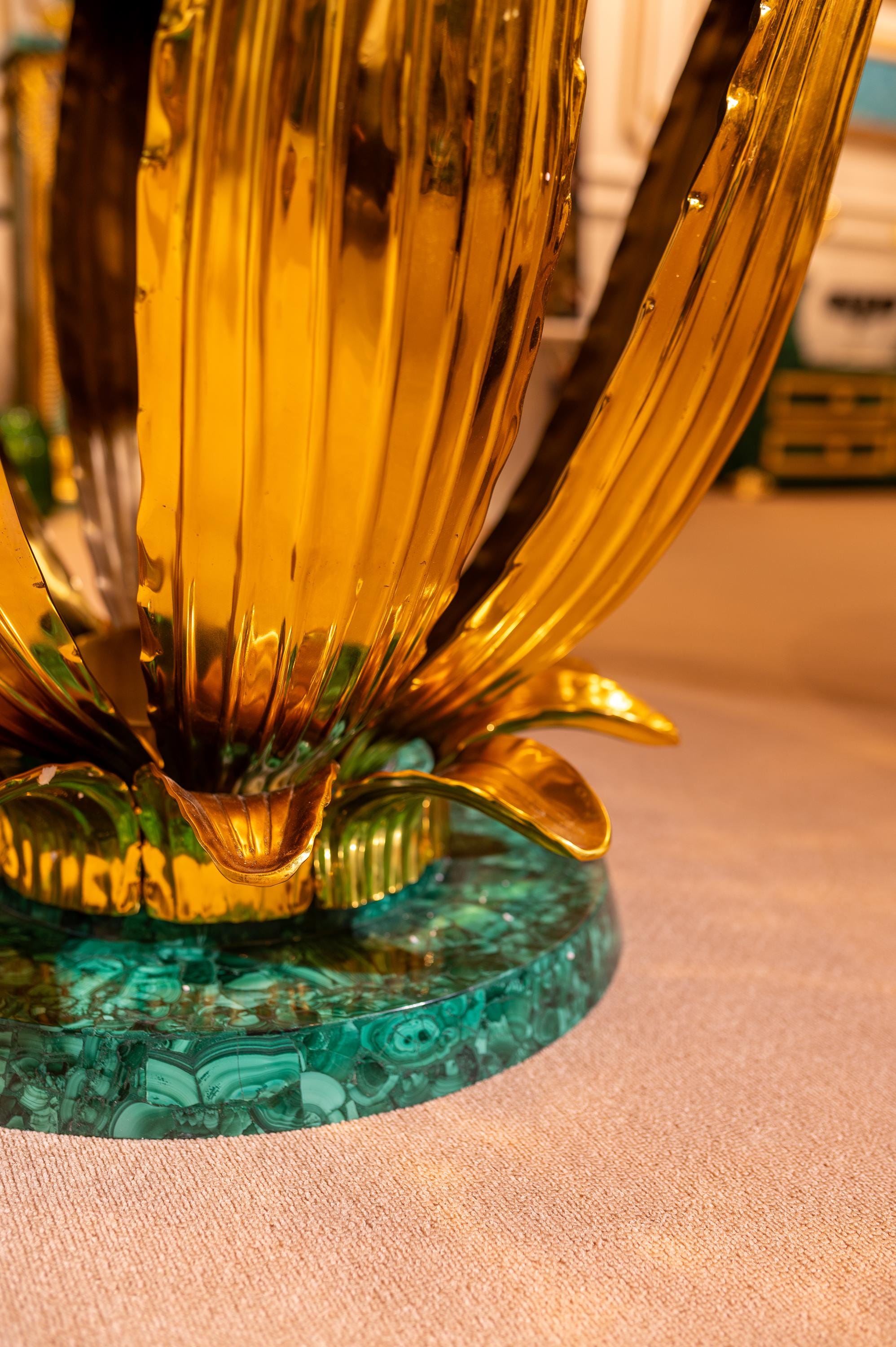 Handcrafted Malachite Lotus Table with Sculptural Gold Base
