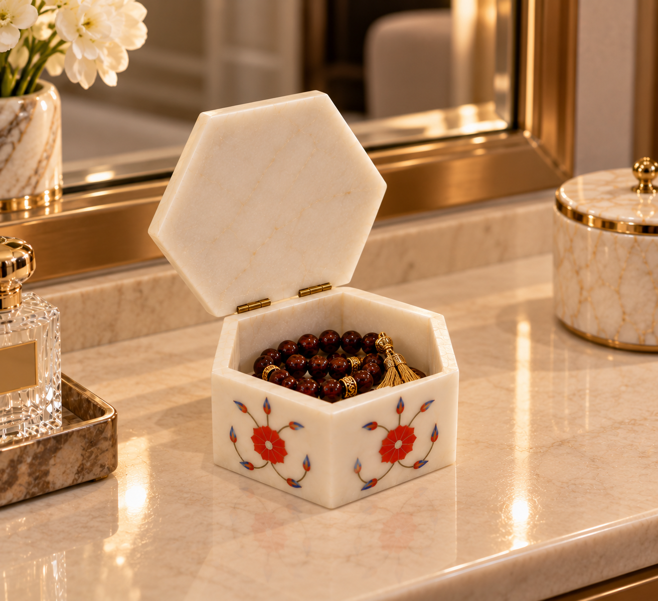 Luxury White Marble Inlay Jewelry Box with Red Floral Design