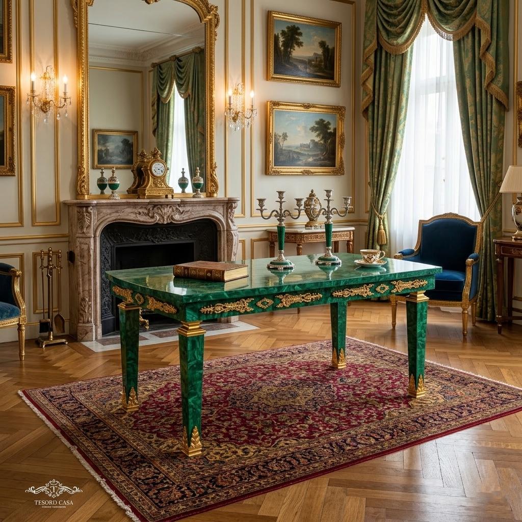 Malachite Majlis Centre Table with Brass Gold Plating