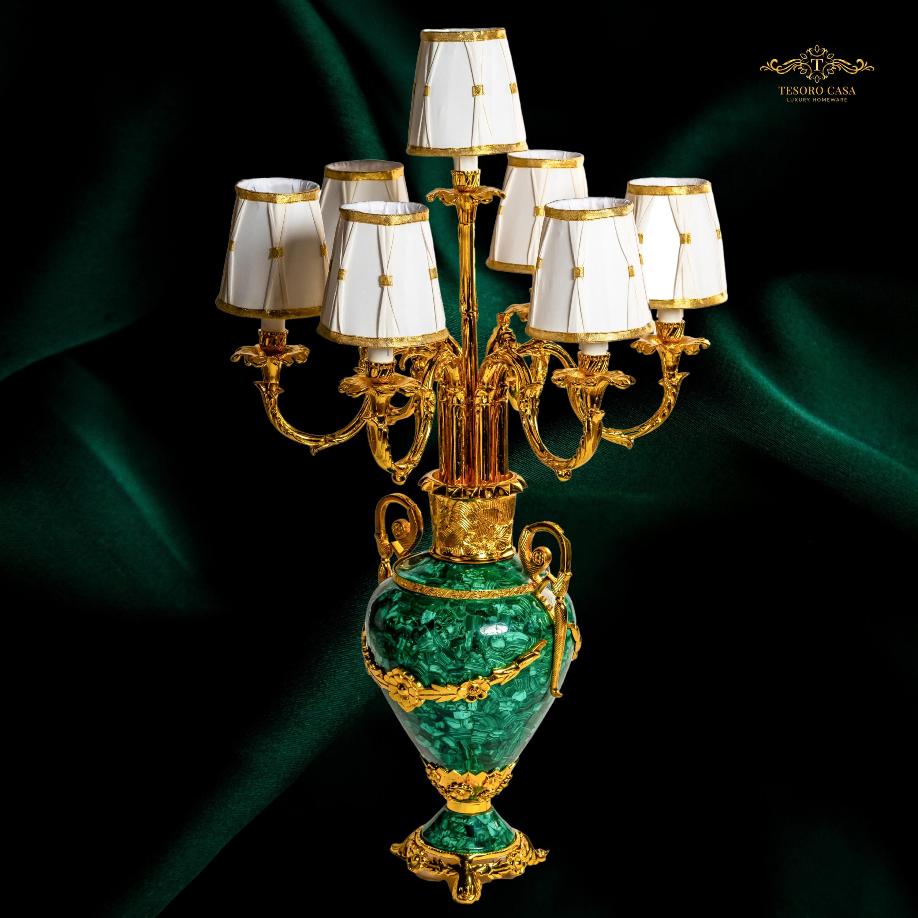 Grand Malachite & Gold Eight-Arm Luxury Candelabra Lamp