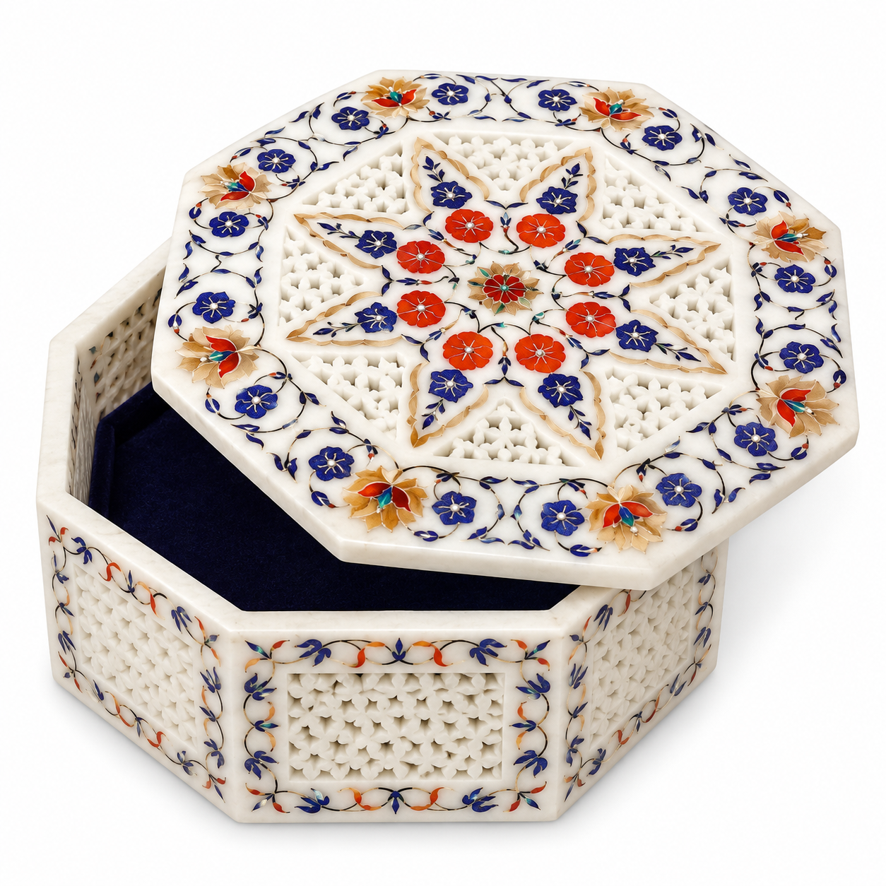 Octagonal White Marble Inlay Jewelry Box with Multicolor Floral Design