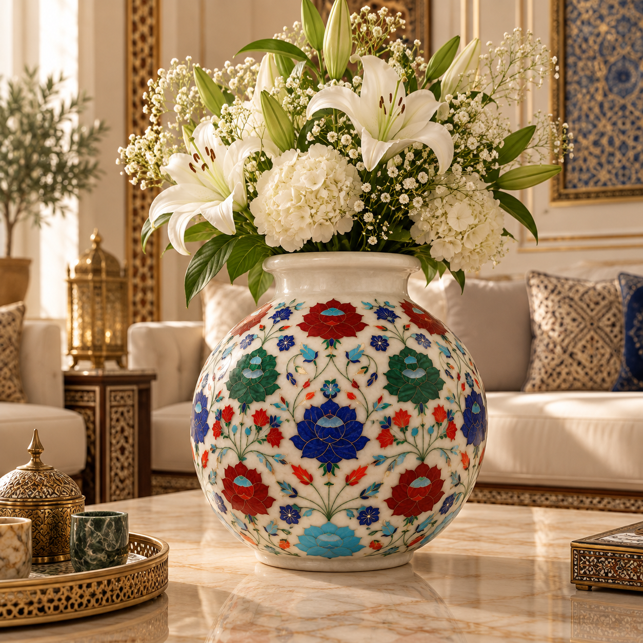 Marble Inlay Decorative Jar With Lid