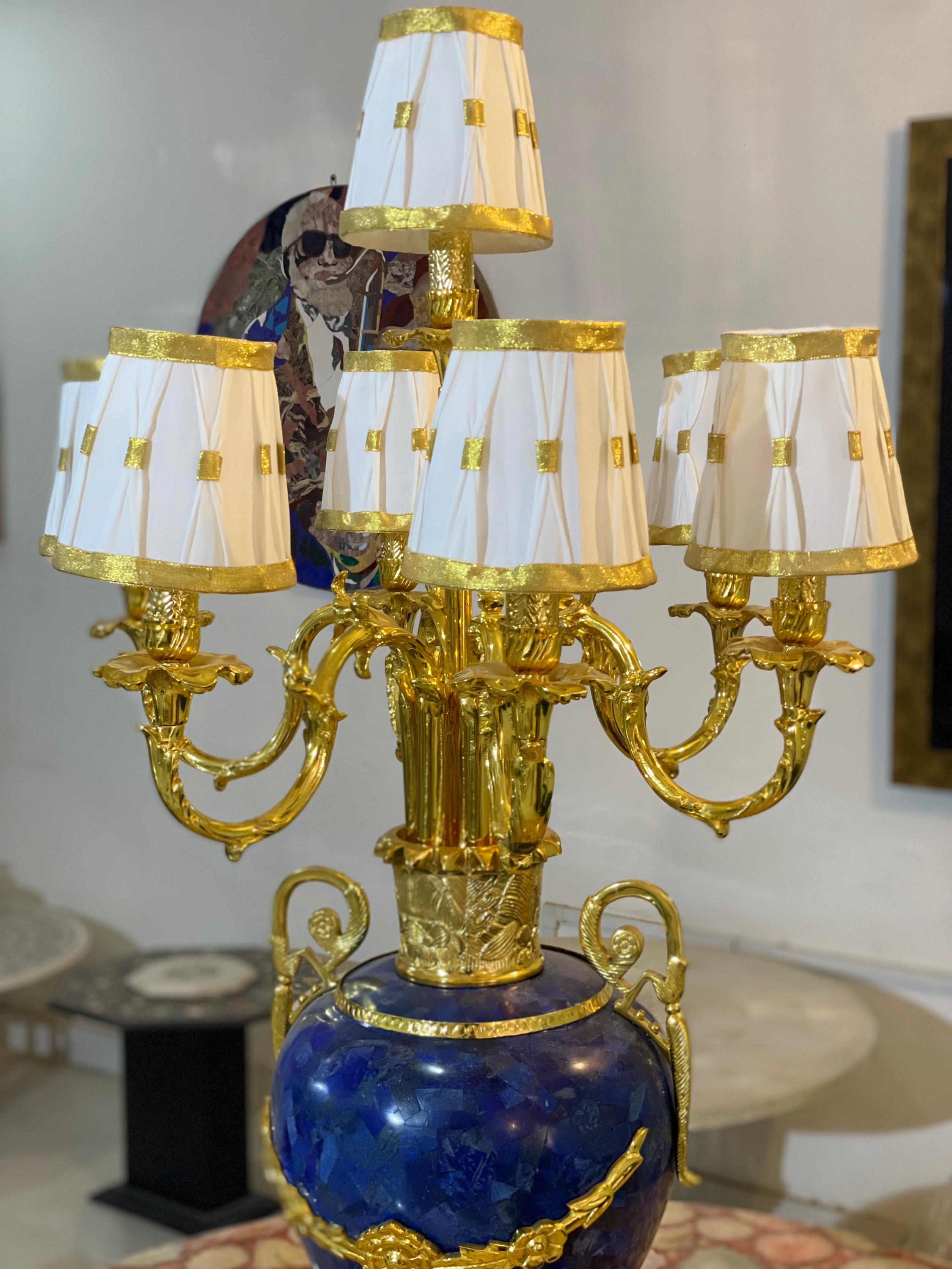 Grand Lapis Lazuli & Gold Eight-Arm Luxury Candelabra Lamp