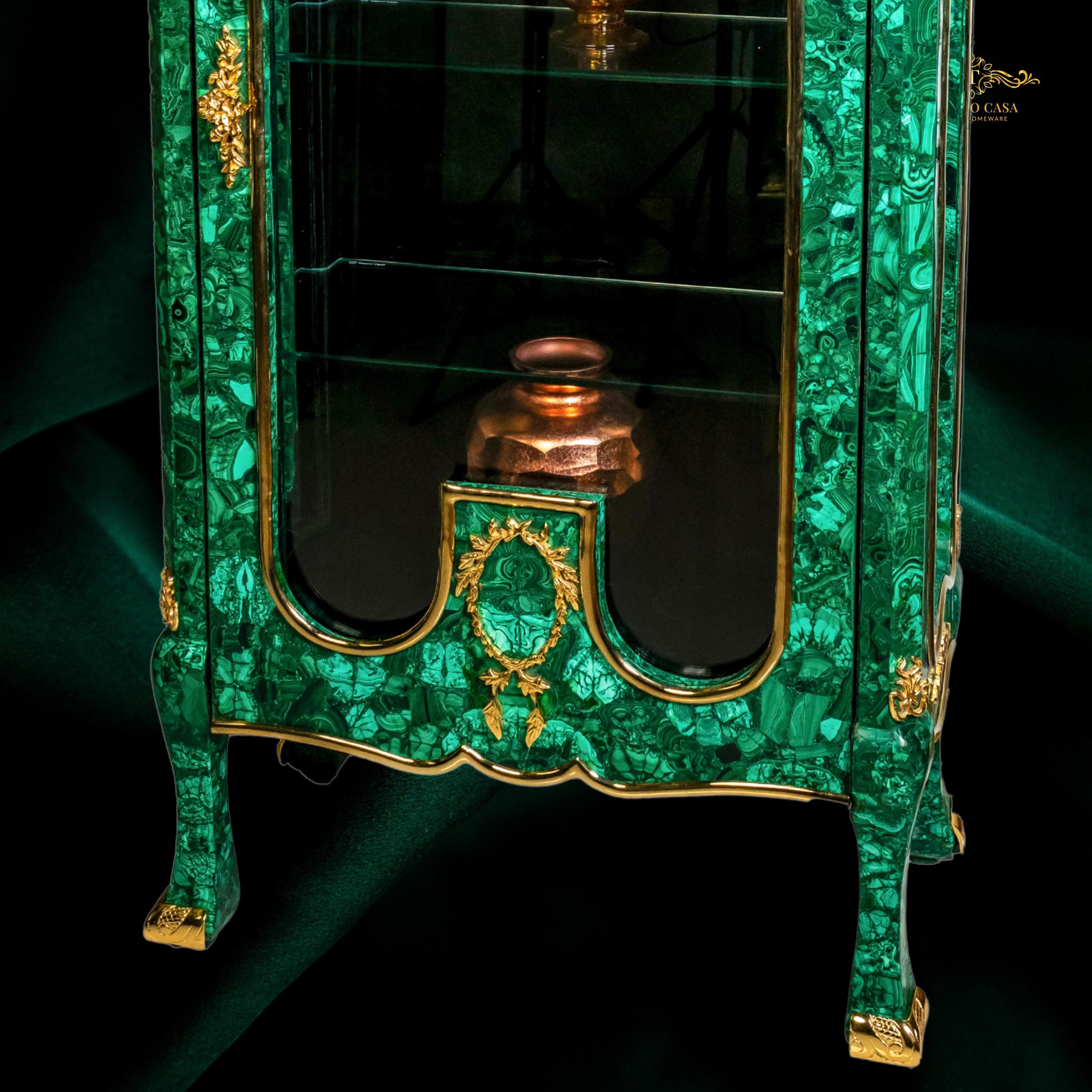 Handcrafted Malachite Display Cabinet with Gilded Brass Accents