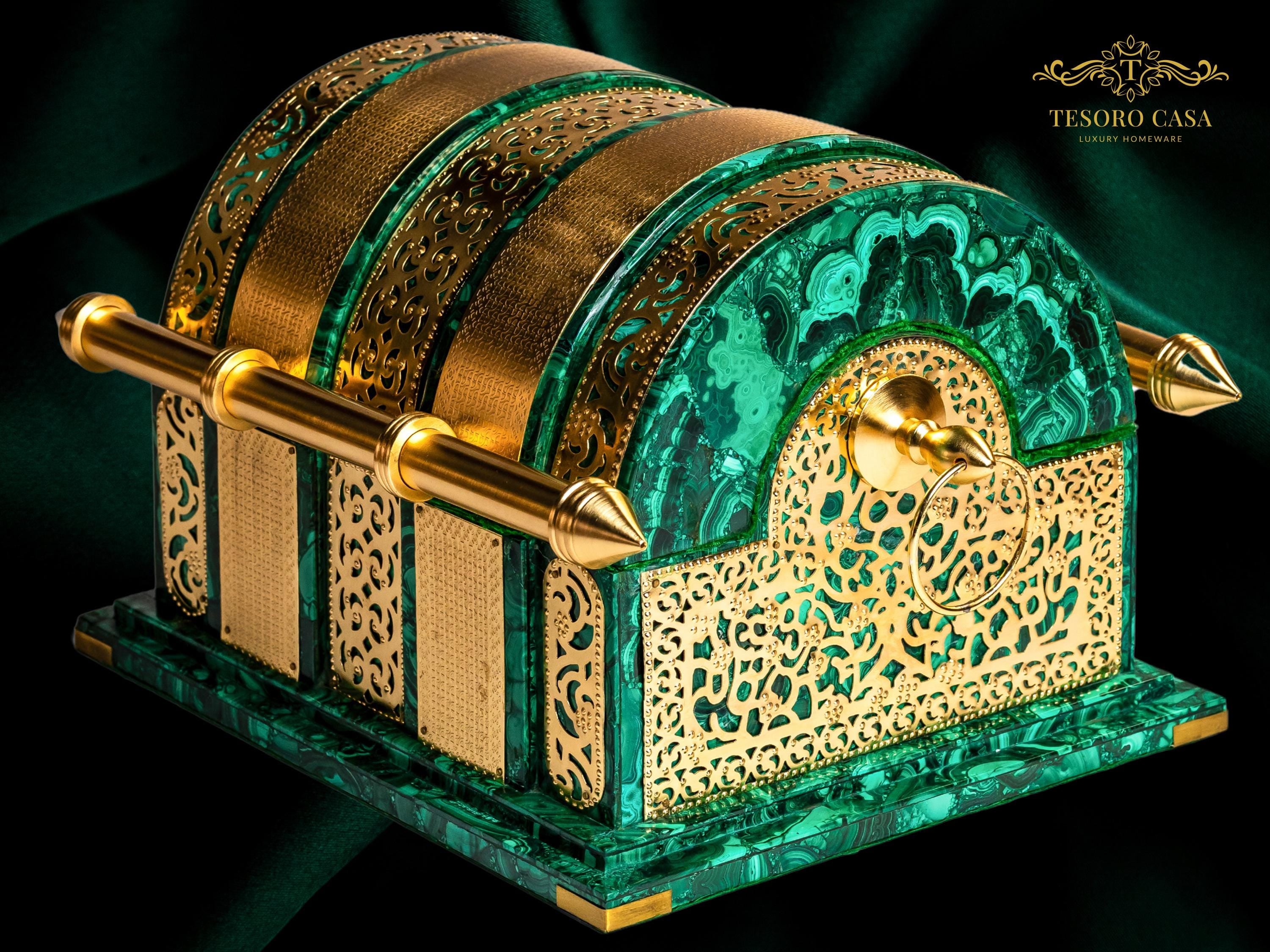 Malachite Oud Box – Handcrafted Brass & Semi-Precious Stone Luxury Arabic Oud Storage Chest