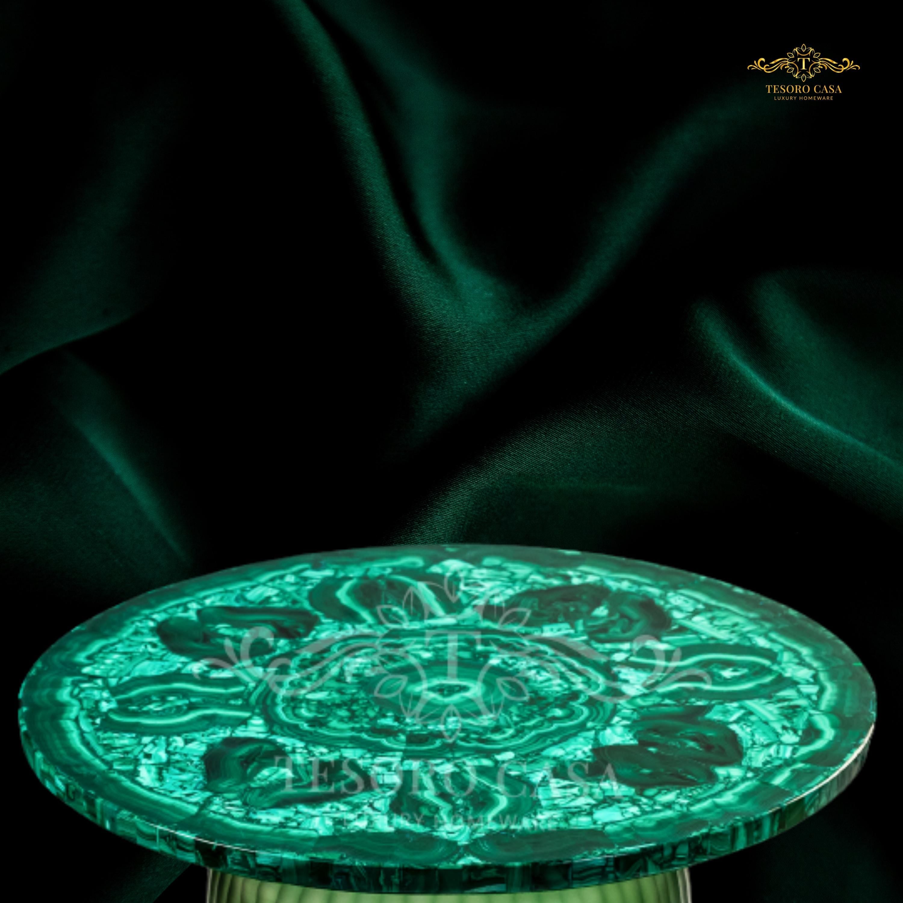 Handcrafted Malachite Gemstone Accent Table With Sculptural Green Glass Base