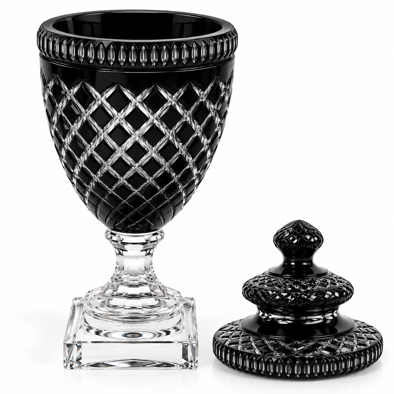 Luxury Black Glass Decorative Jar with Lid & Faceted Crystal-Style Base