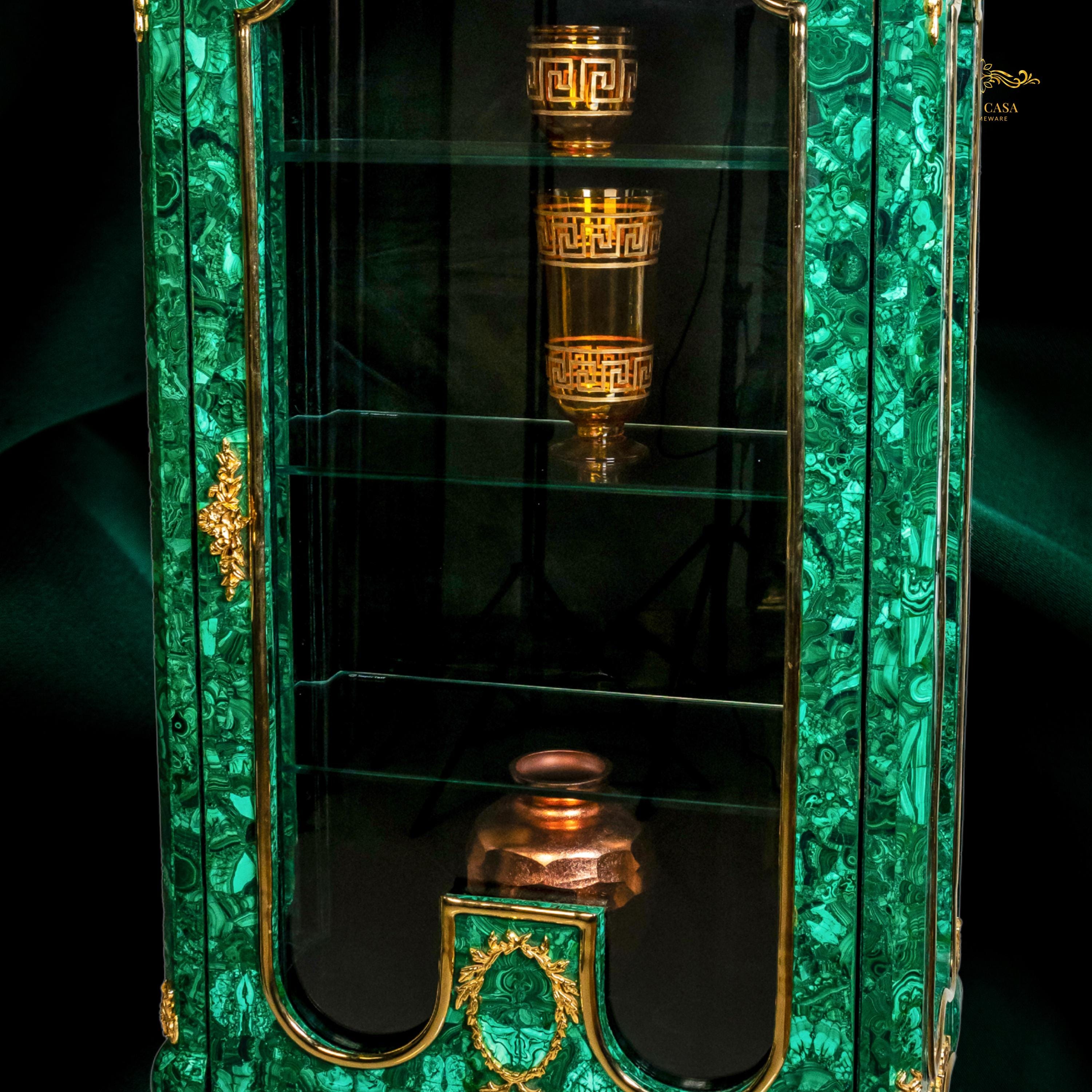 Handcrafted Malachite Display Cabinet with Gilded Brass Accents