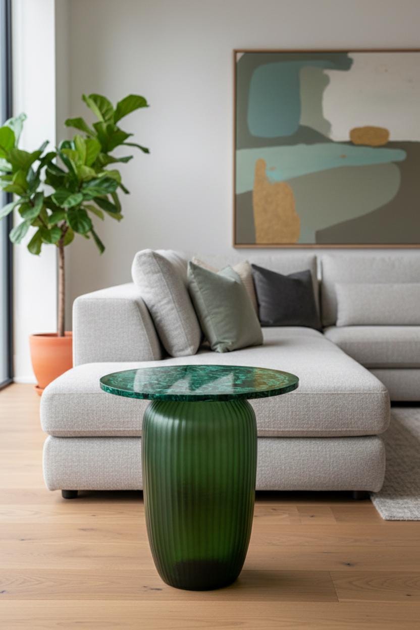 Handcrafted Malachite Gemstone Accent Table With Sculptural Green Glass Base