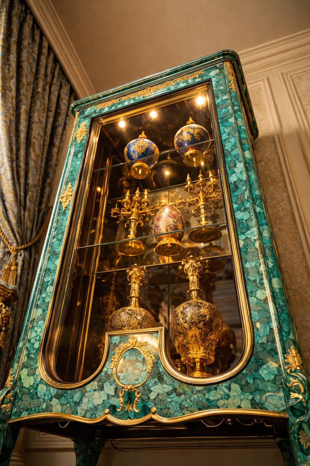 Handcrafted Malachite Display Cabinet with Gilded Brass Accents