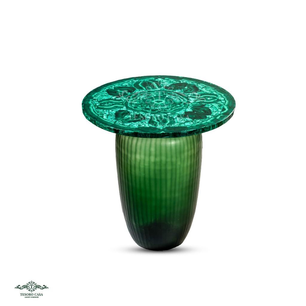 Handcrafted Malachite Gemstone Accent Table With Sculptural Green Glass Base