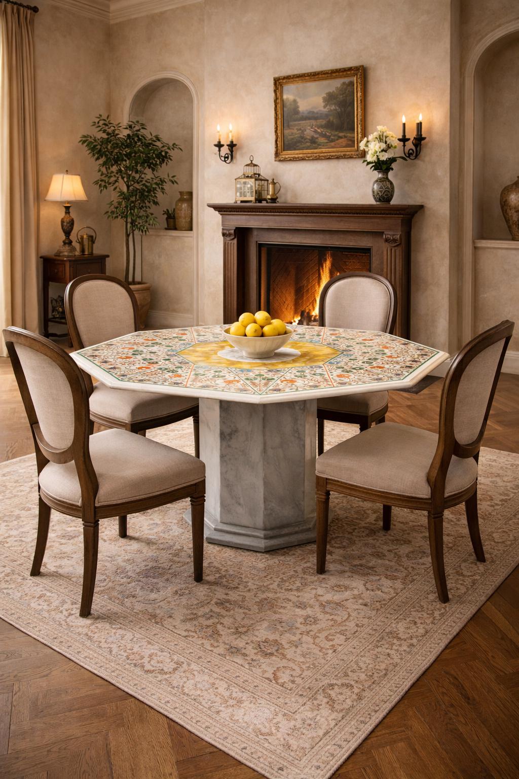 Pietra Dura Marble Dining Table with Yellow Mother of Pearl Inlay