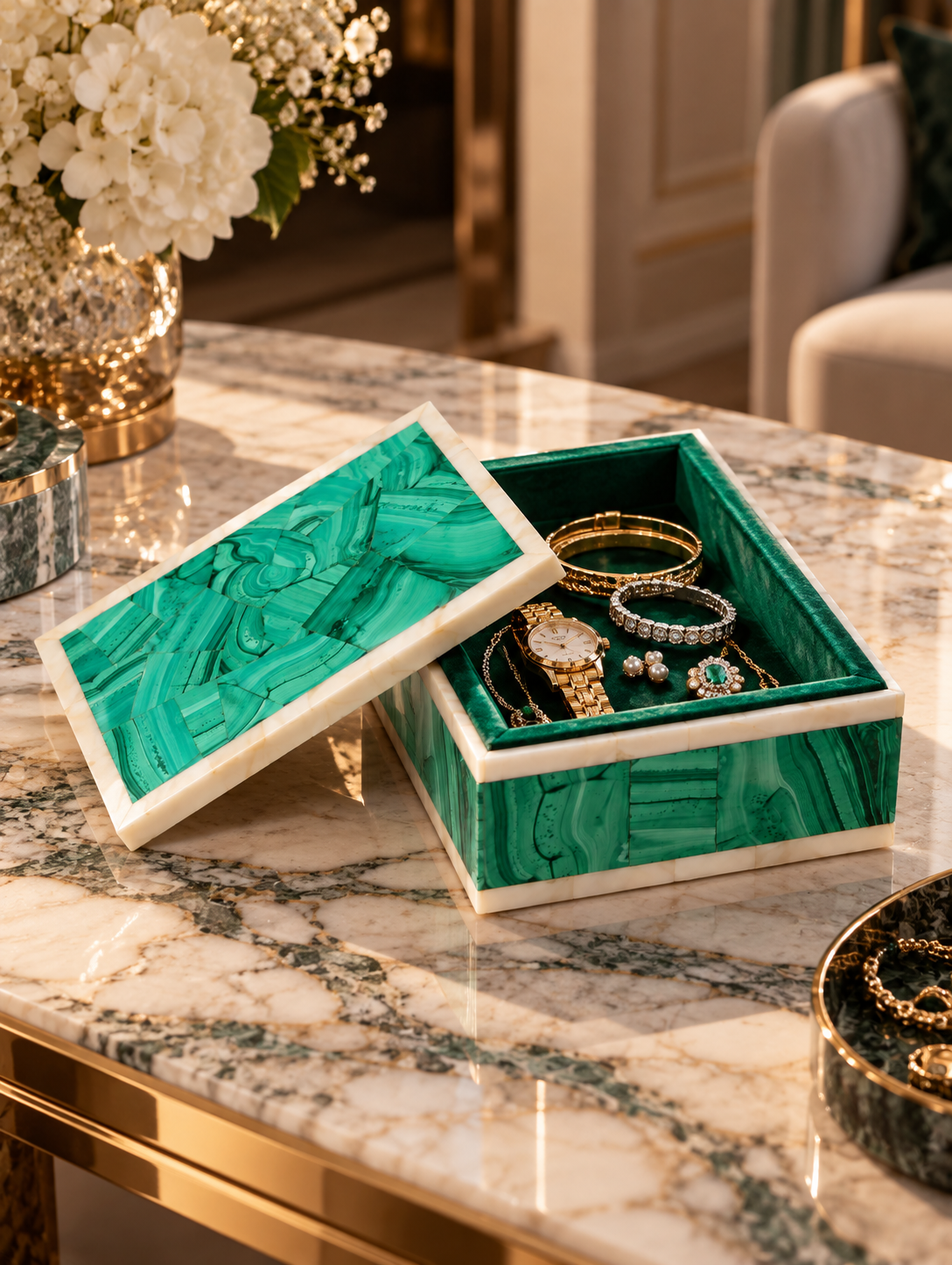 Handcrafted Malachite & White Marble Decorative Jewellery Box