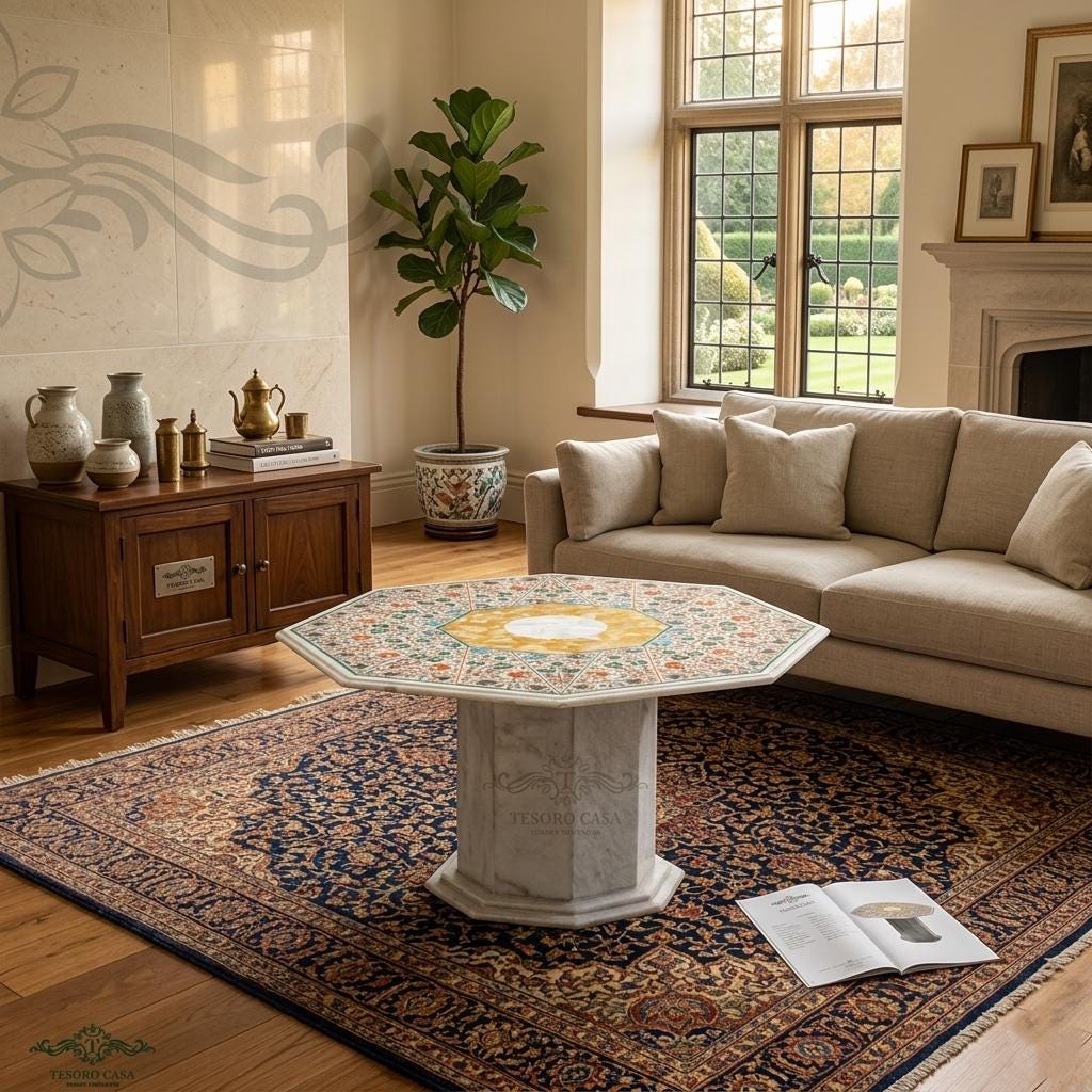 Pietra Dura Marble Dining Table with Yellow Mother of Pearl Inlay