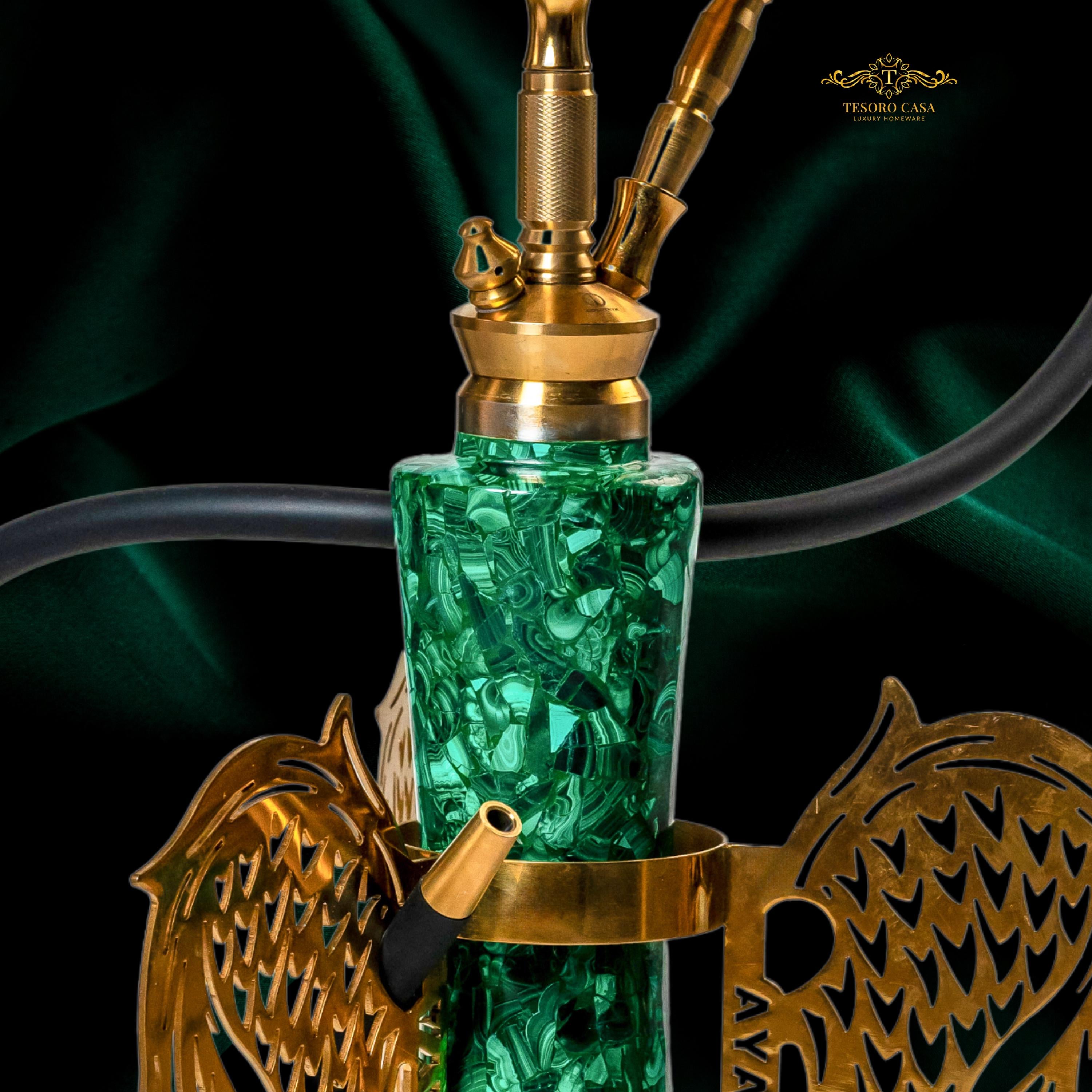 Handcrafted Malachite Sheesha with Ornate Gold Wings