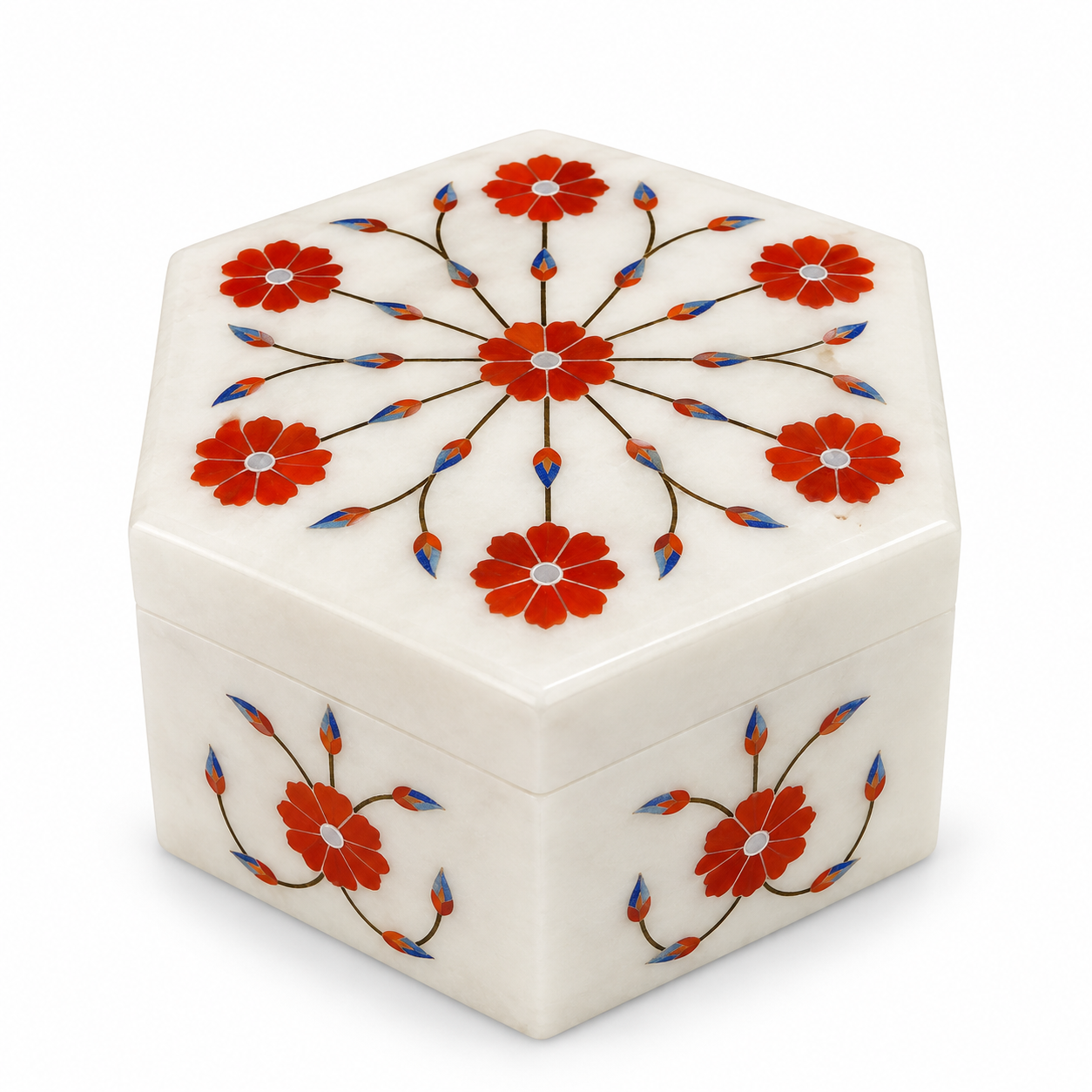 Luxury White Marble Inlay Jewelry Box with Red Floral Design