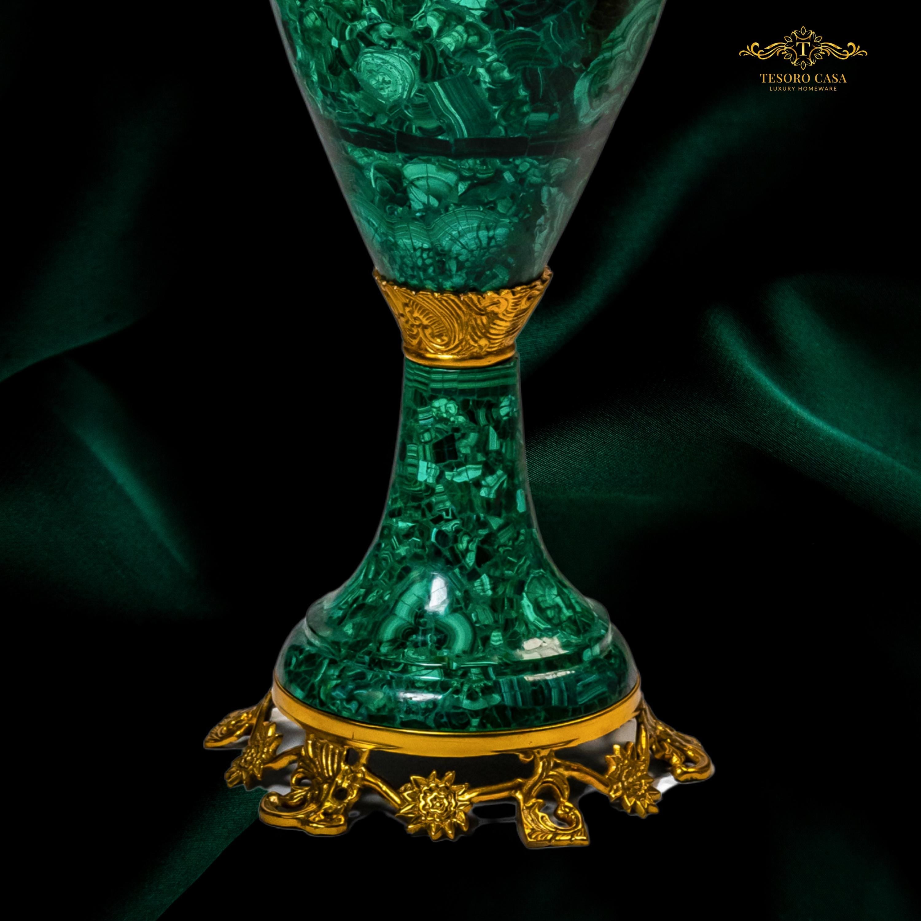Luxury Malachite Urn Handmade Green Stone Decorative Vase With Gold Accents