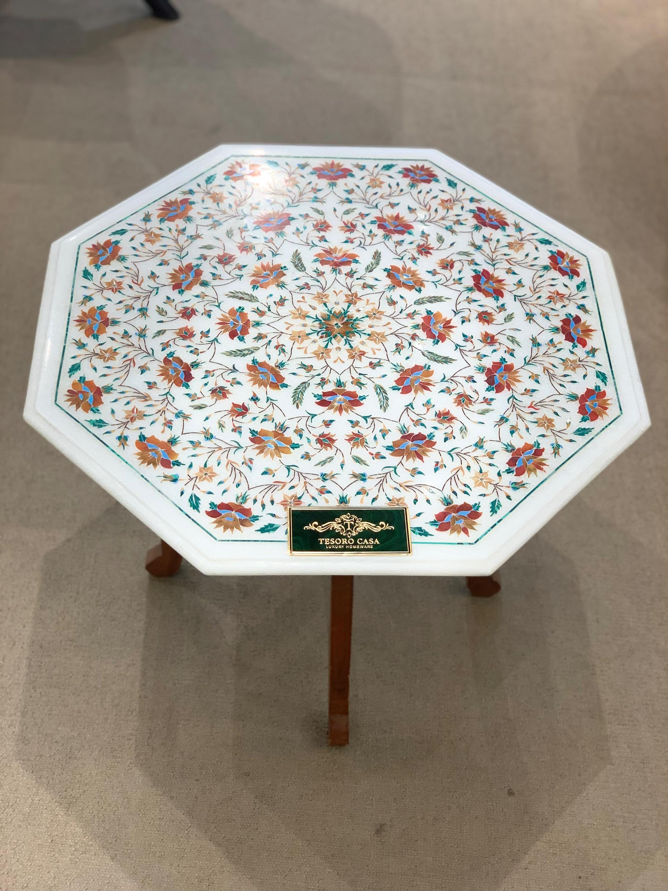 Handcrafted Pietra Dura Marble Inlay Accent Table
