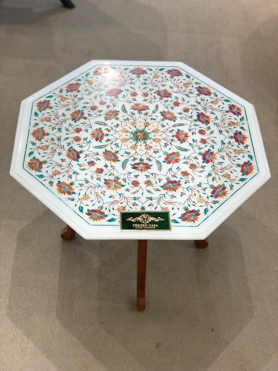 Handcrafted Pietra Dura Marble Inlay Accent Table