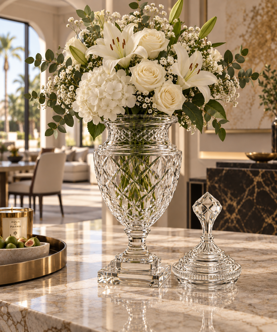 Crystal-Cut Glass Decorative Urn with Lid