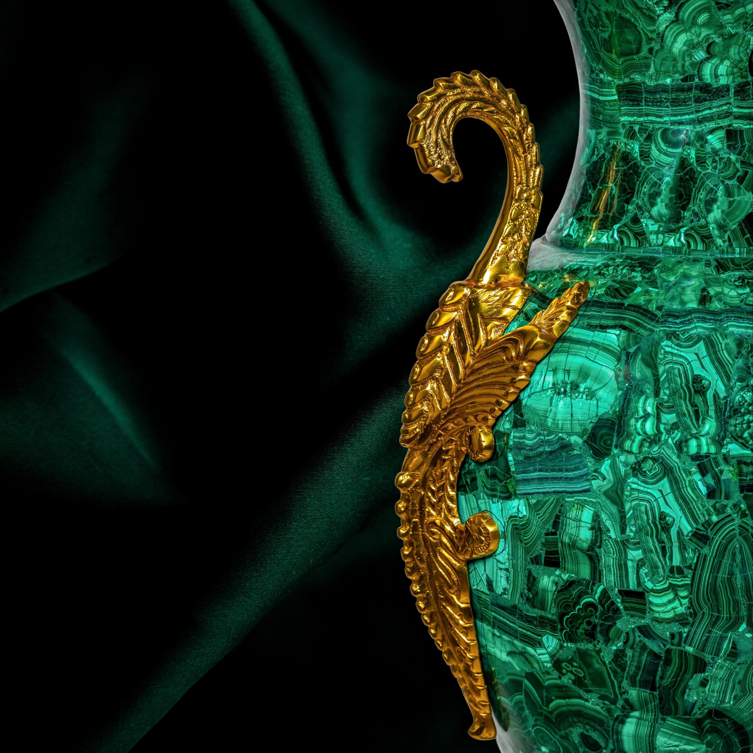 Luxury Malachite Urn Handmade Green Stone Decorative Vase With Gold Accents