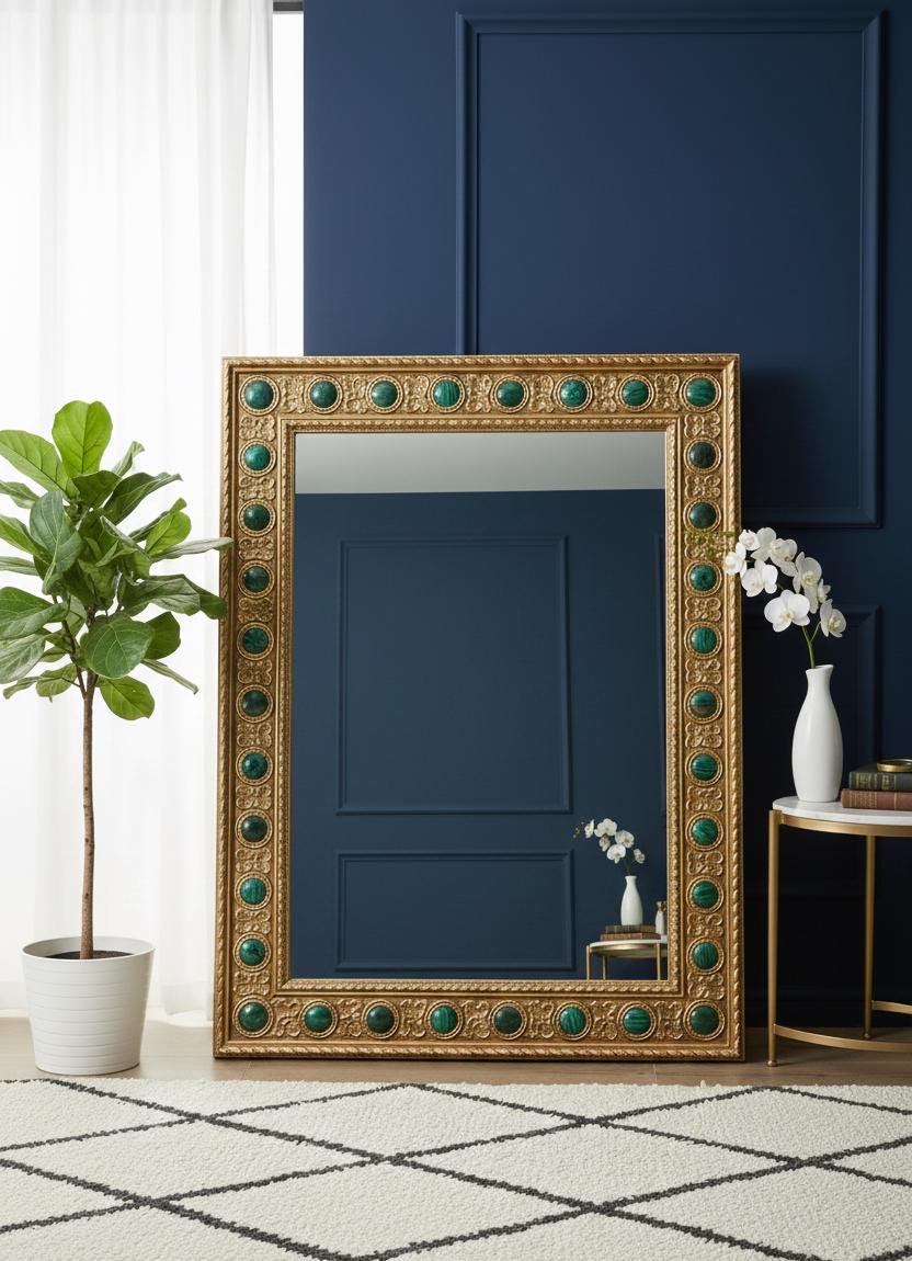 Luxury Malachite Console Table And Mirror Set Handmade Green Stone Furniture