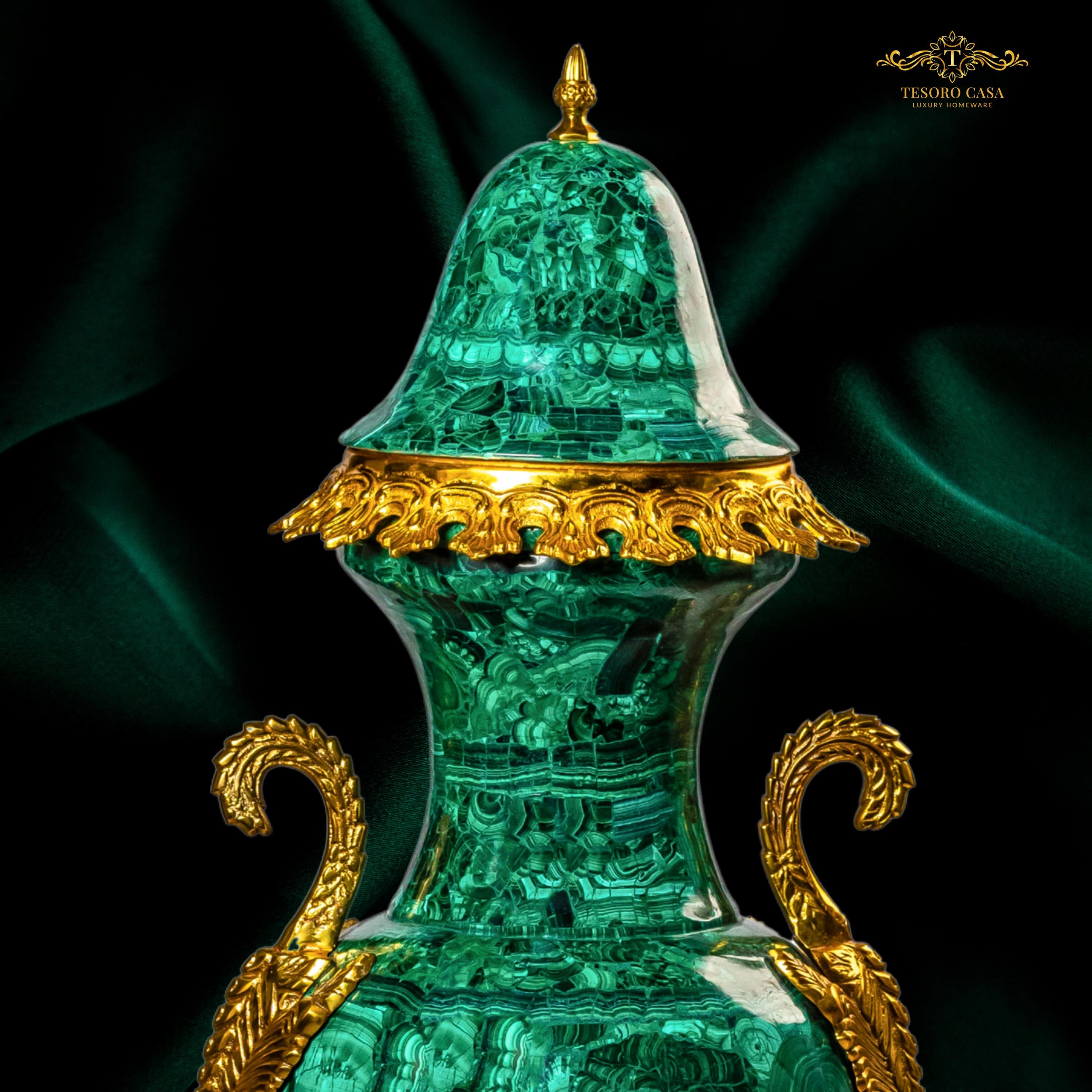 Luxury Malachite Urn Handmade Green Stone Decorative Vase With Gold Accents