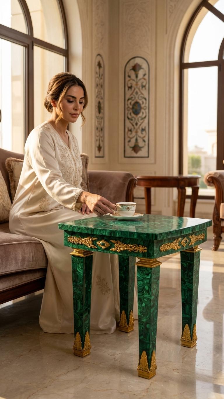 Malachite Majlis Side Table with Brass Gold Plating