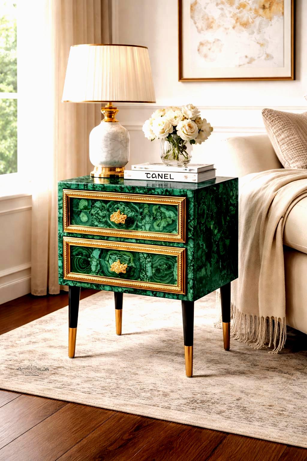 Malachite Green Side Table with Gold Accents