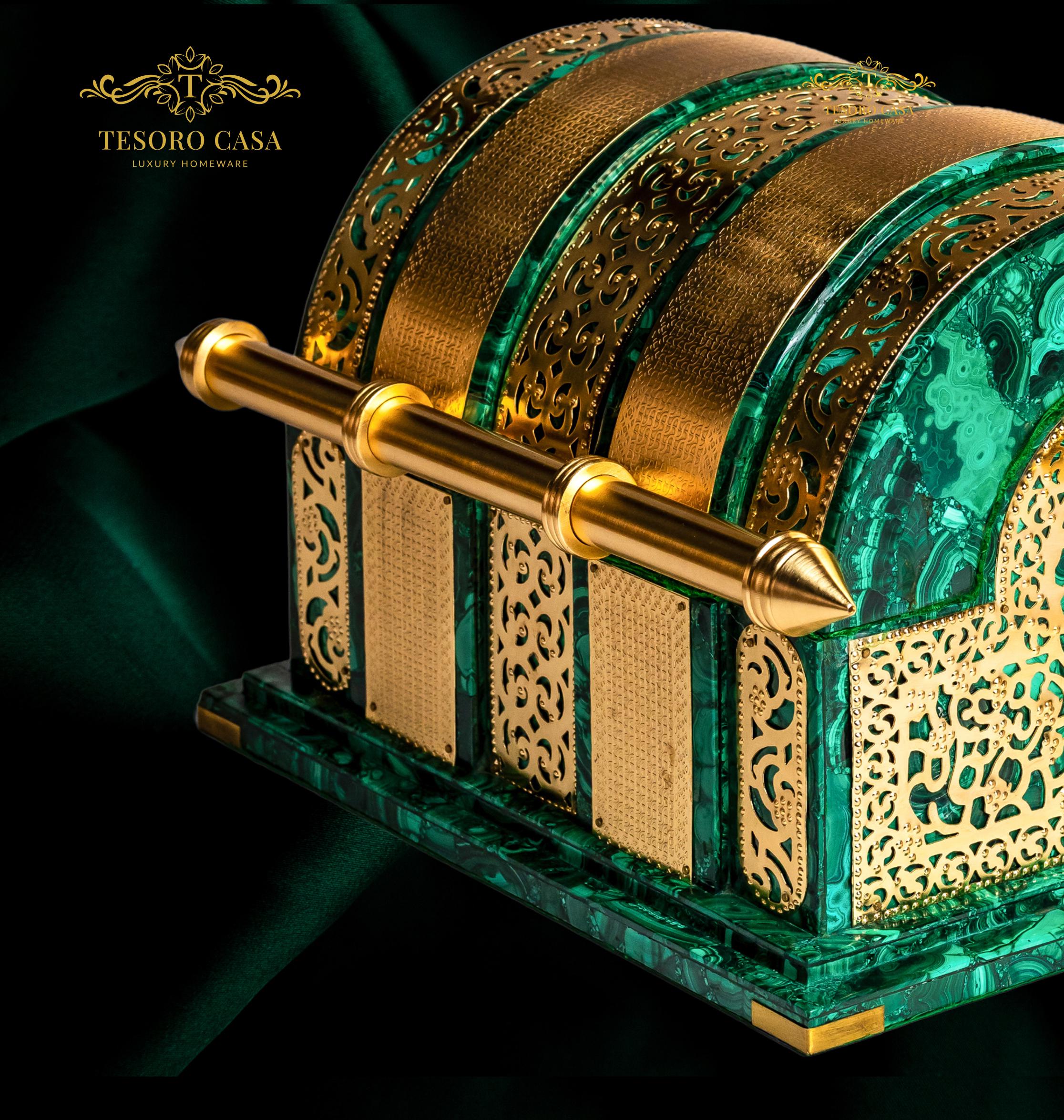 Malachite Oud Box – Handcrafted Brass & Semi-Precious Stone Luxury Arabic Oud Storage Chest
