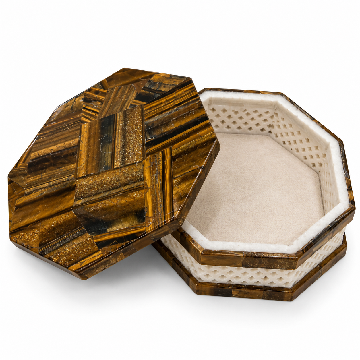 Luxury Tiger Eye & White Marble Hexagonal Jewelry Box