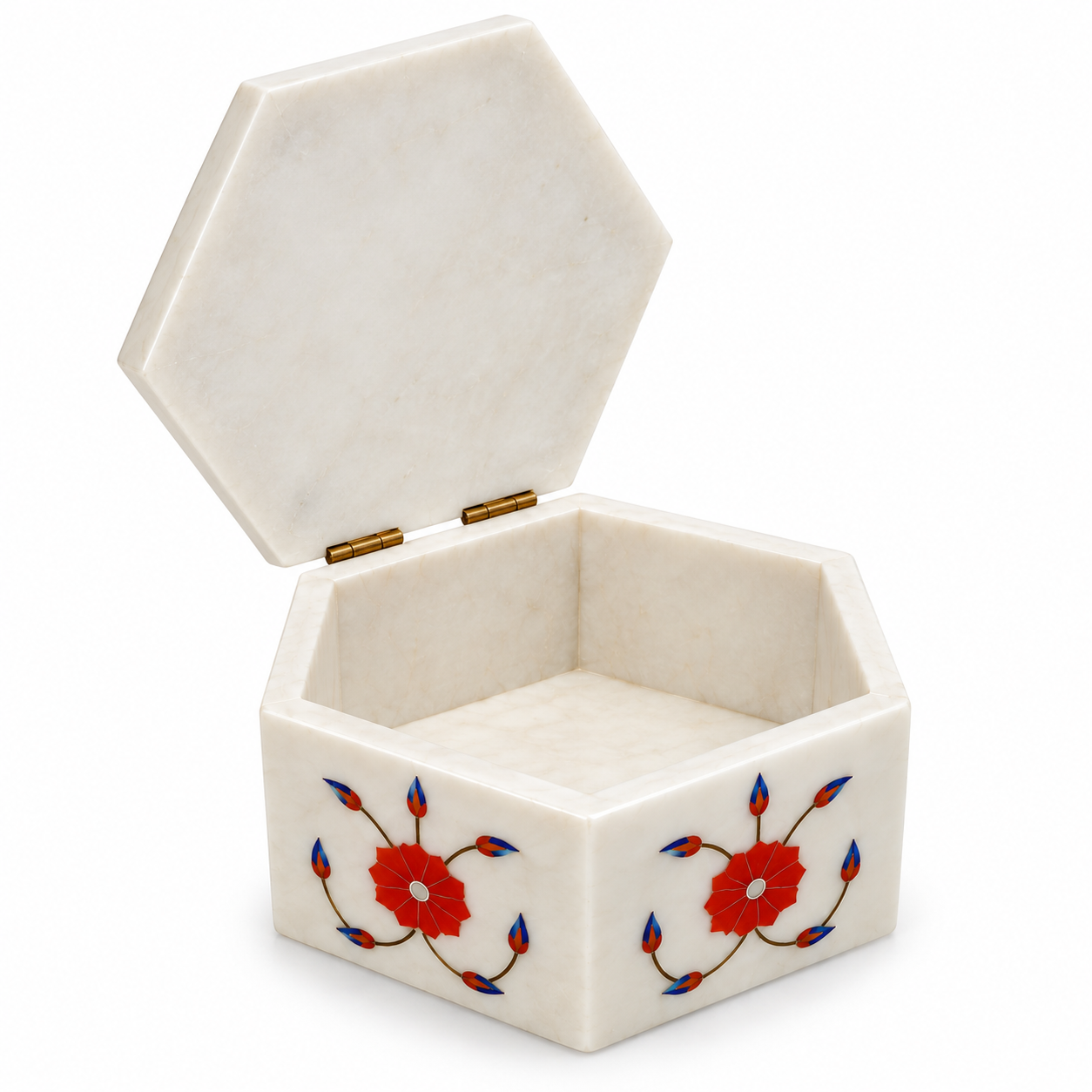 Luxury White Marble Inlay Jewelry Box with Red Floral Design