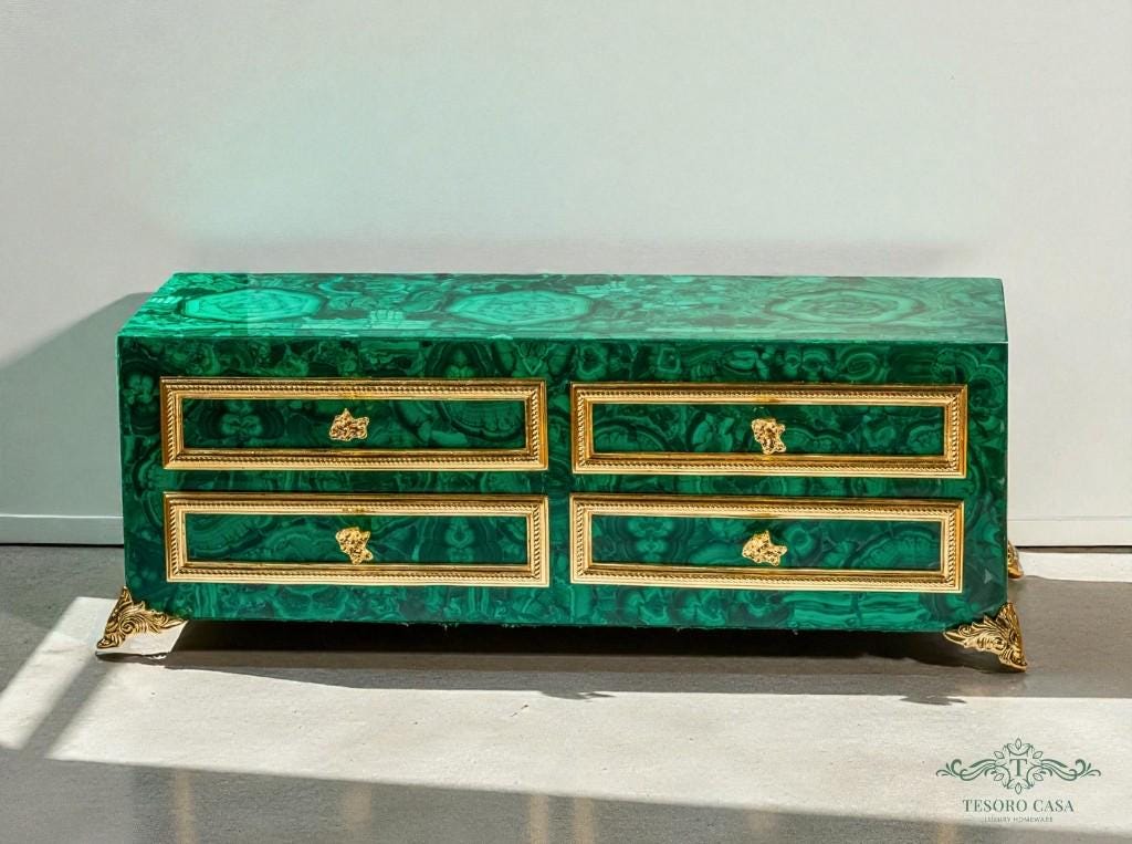 Luxury Malachite Console Cabinet Handmade Green Stone Storage Furniture