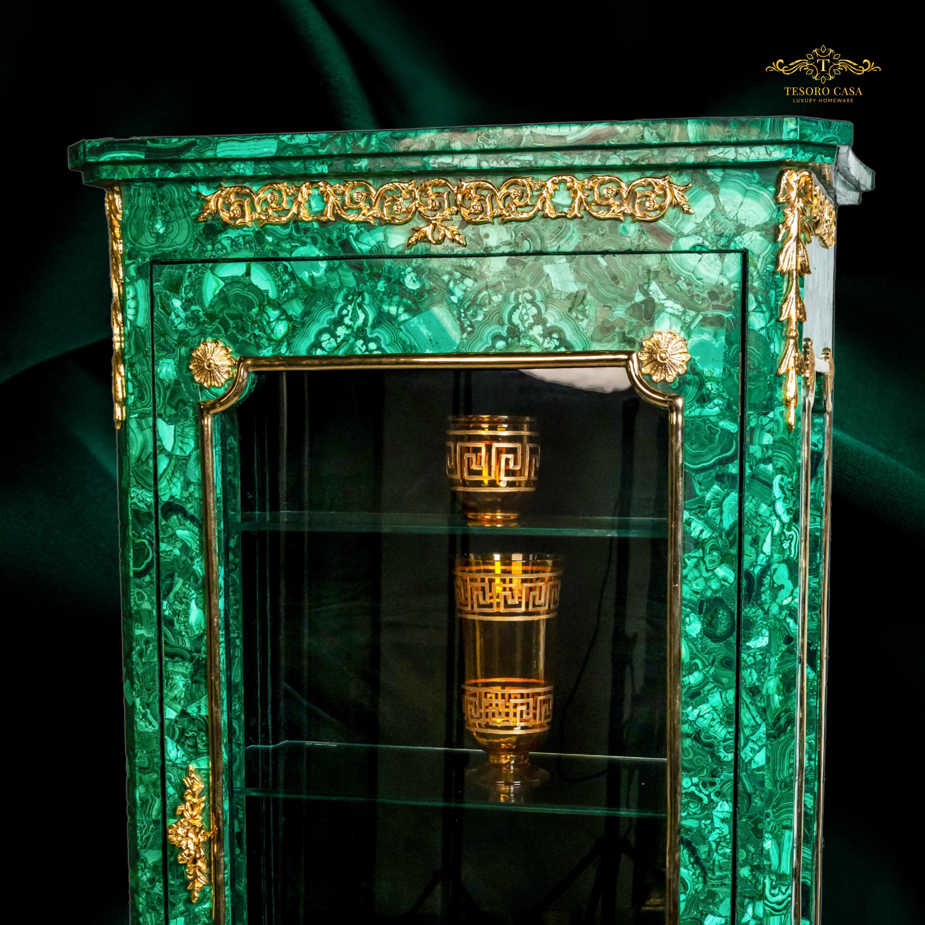 Handcrafted Malachite Display Cabinet with Gilded Brass Accents