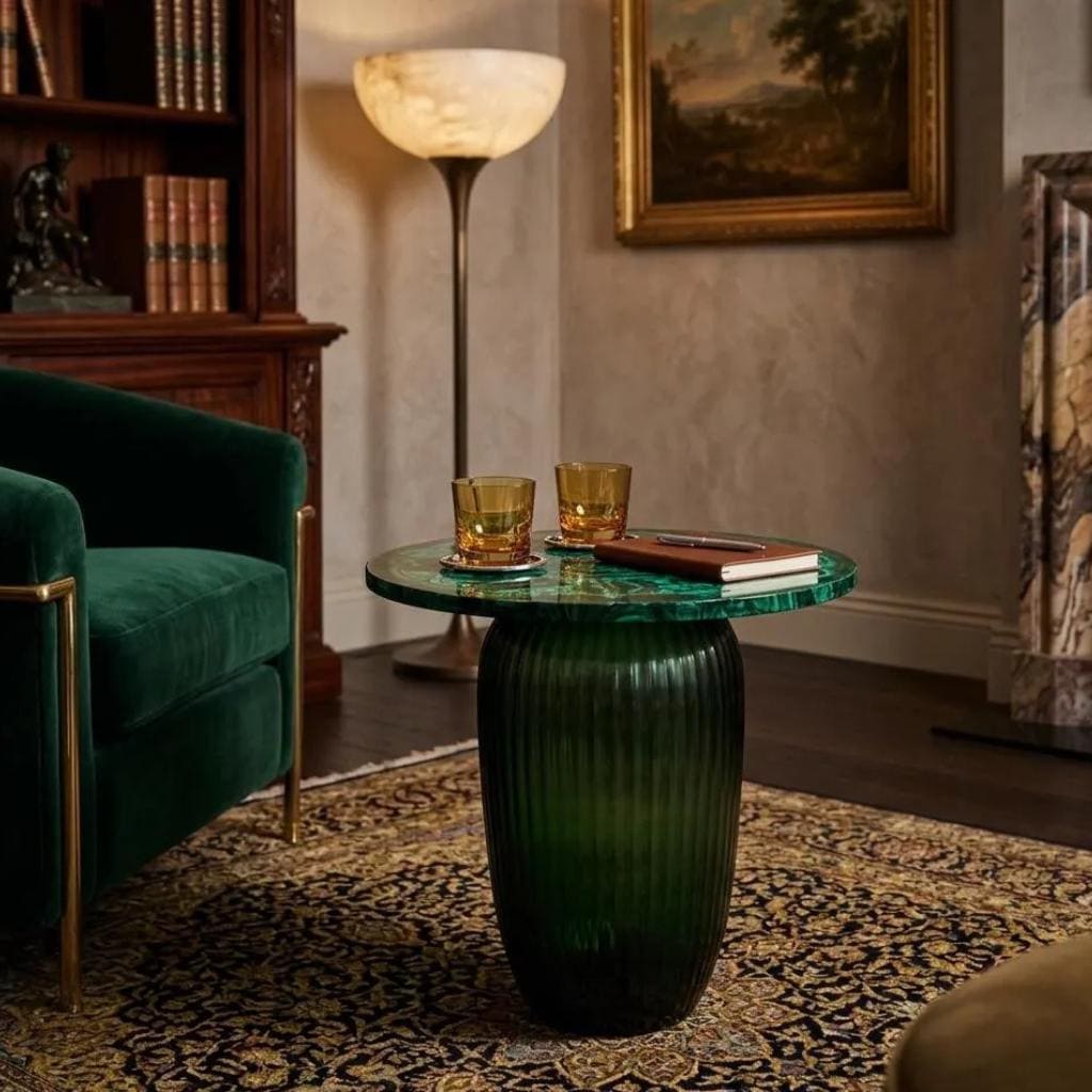 Handcrafted Malachite Gemstone Accent Table With Sculptural Green Glass Base