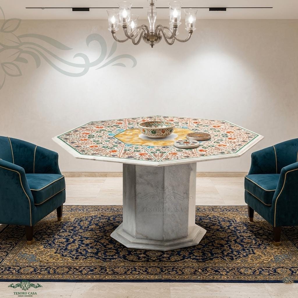 Pietra Dura Marble Dining Table with Yellow Mother of Pearl Inlay