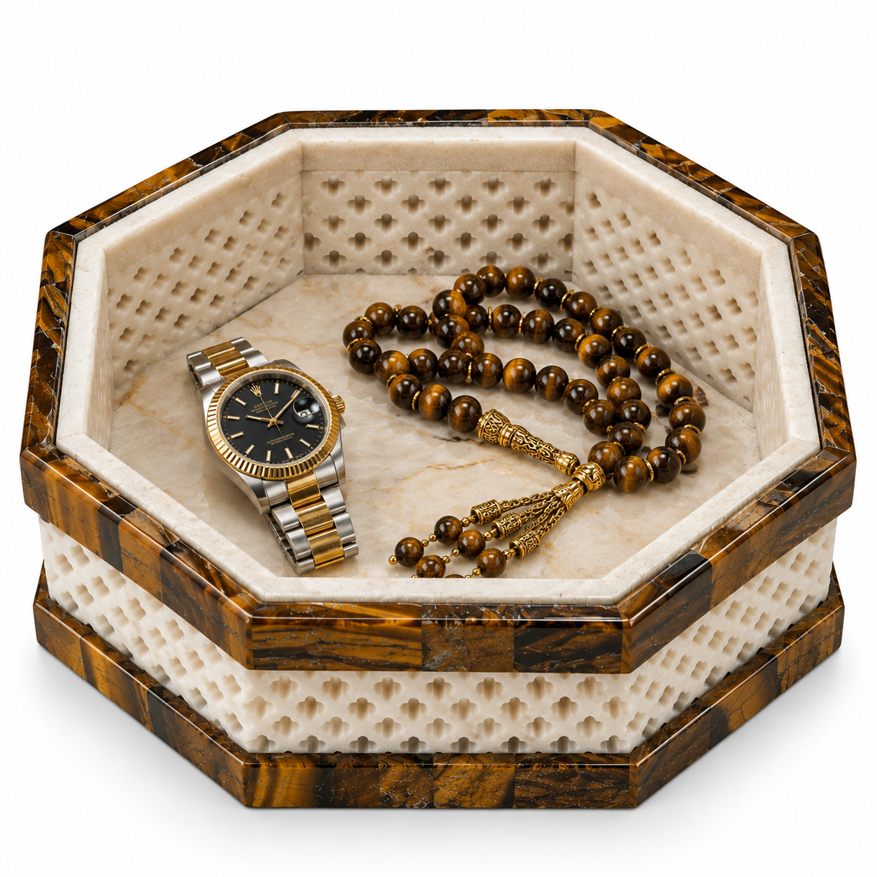 Luxury Tiger Eye & White Marble Hexagonal Jewelry Box