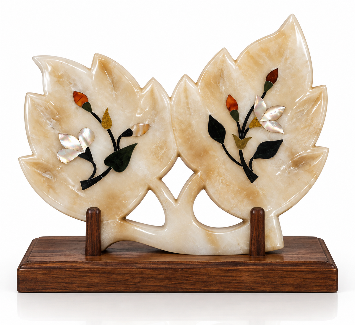Handcrafted Alabaster White Marble Leaf Sculpture with Mother of Pearl & Gemstone Inlay