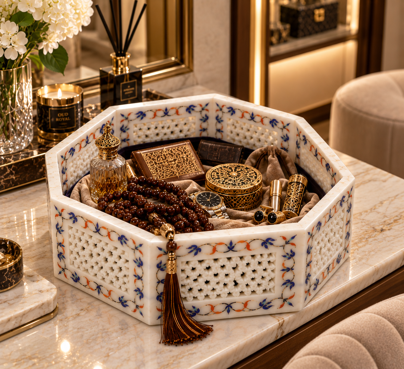 Octagonal White Marble Inlay Jewelry Box with Multicolor Floral Design