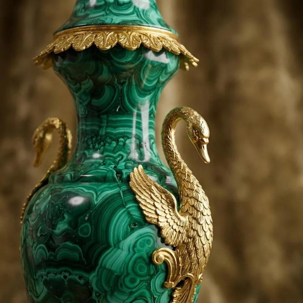 Luxury Malachite Urn Handmade Green Stone Decorative Vase With Gold Accents