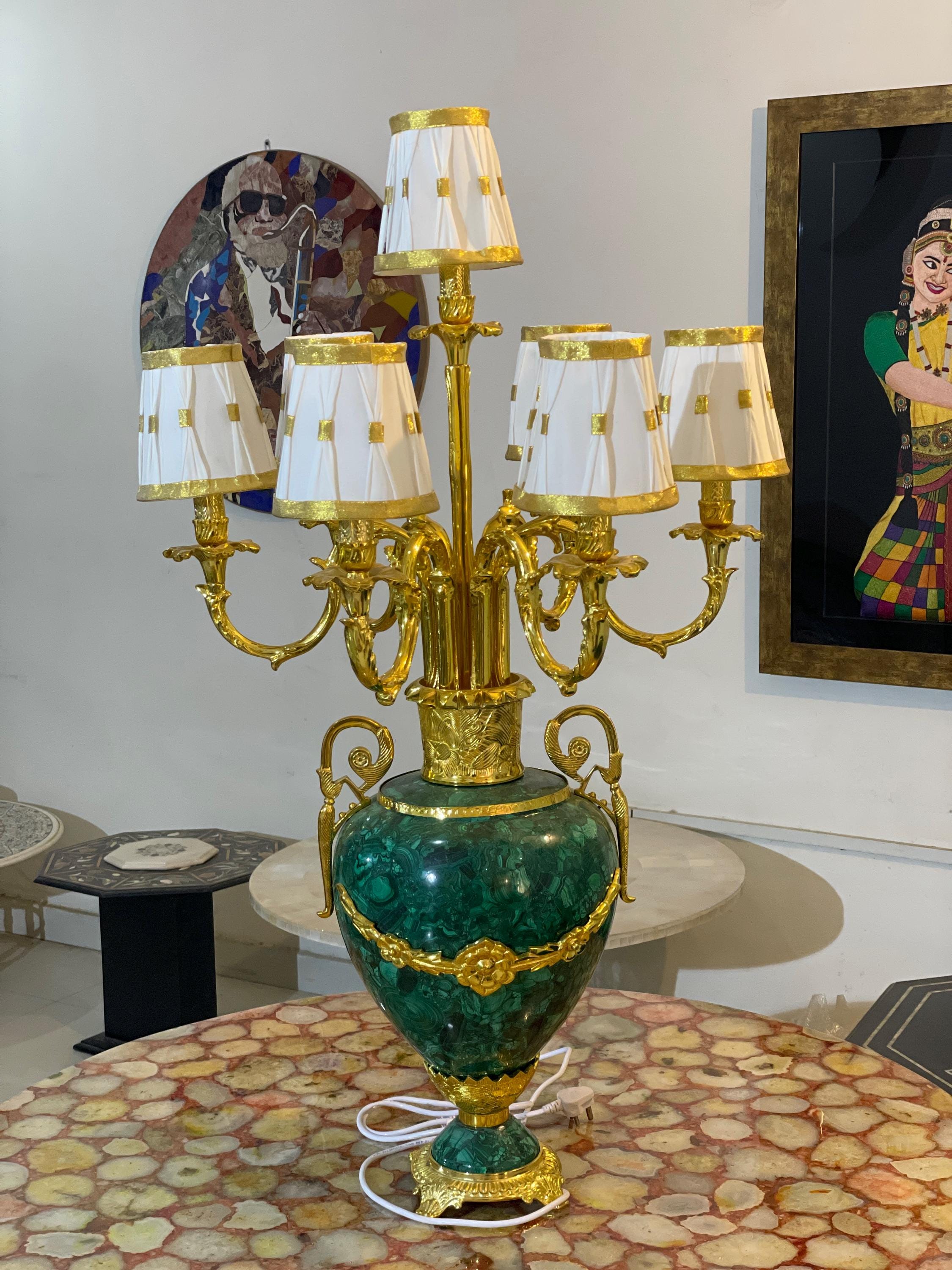 Grand Malachite & Gold Eight-Arm Luxury Candelabra Lamp