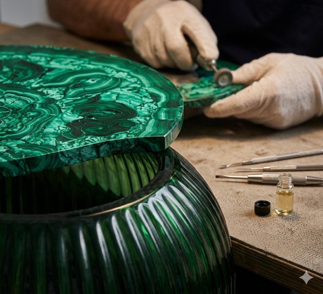 Handcrafted Malachite Gemstone Accent Table With Sculptural Green Glass Base