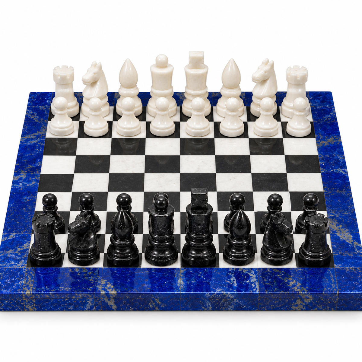 Handcrafted Lapis Lazuli Chess Set with Black & White Marble Inlay