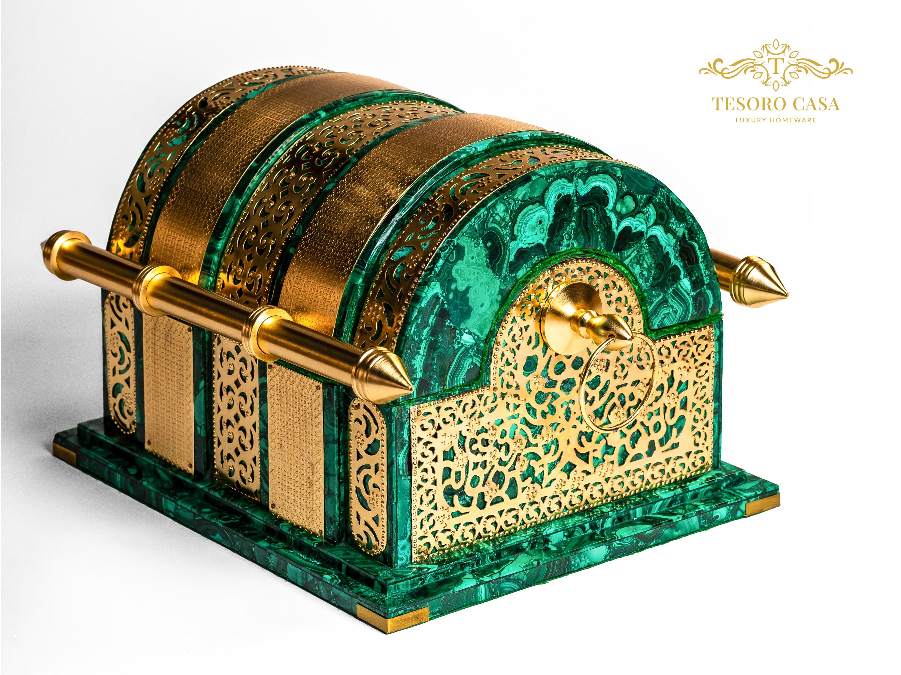 Malachite Oud Box – Handcrafted Brass & Semi-Precious Stone Luxury Arabic Oud Storage Chest