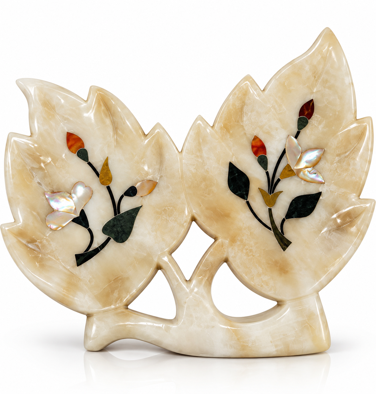 Handcrafted Alabaster White Marble Leaf Sculpture with Mother of Pearl & Gemstone Inlay