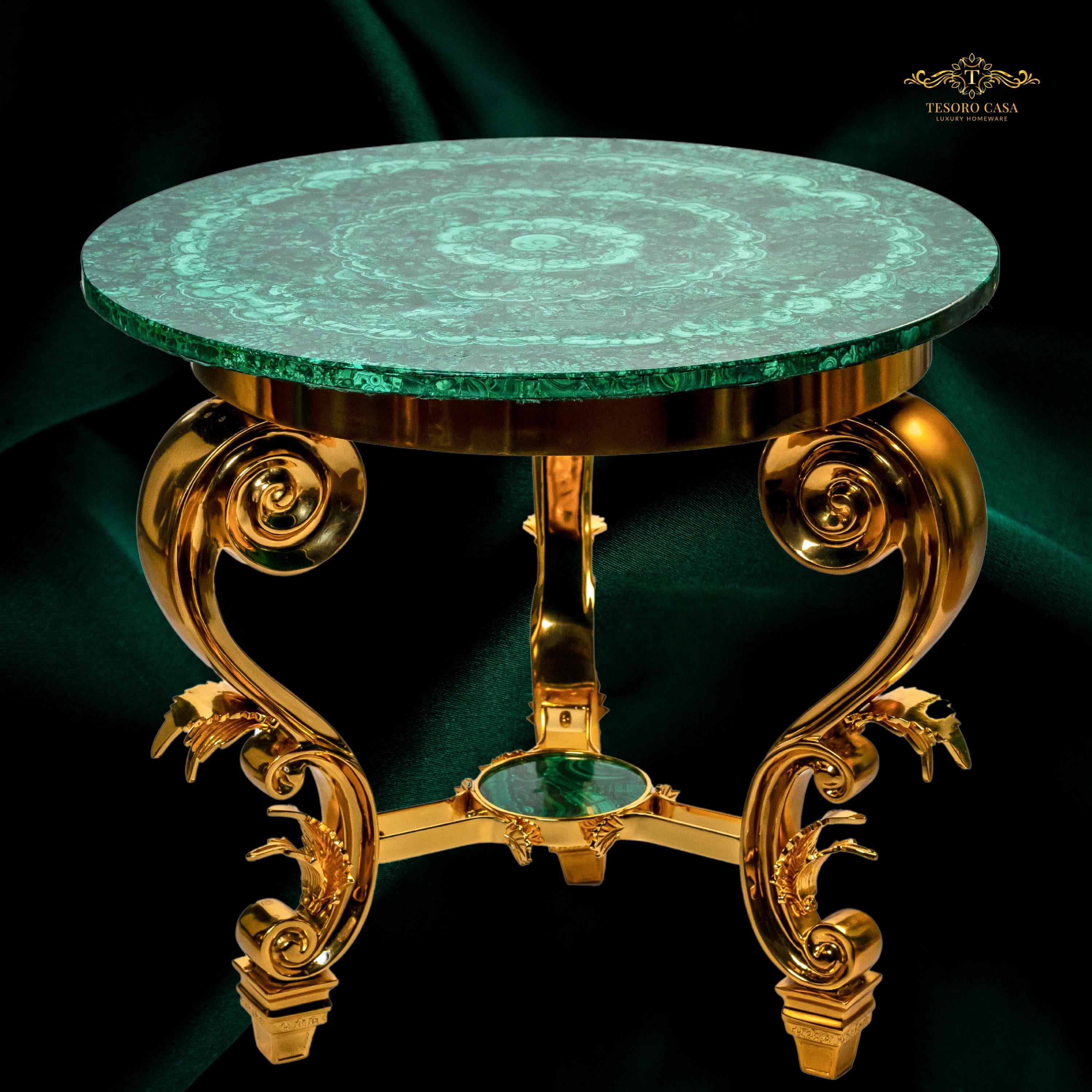 Handcrafted Malachite Round Accent Table with Sculpted Gold Scroll Base